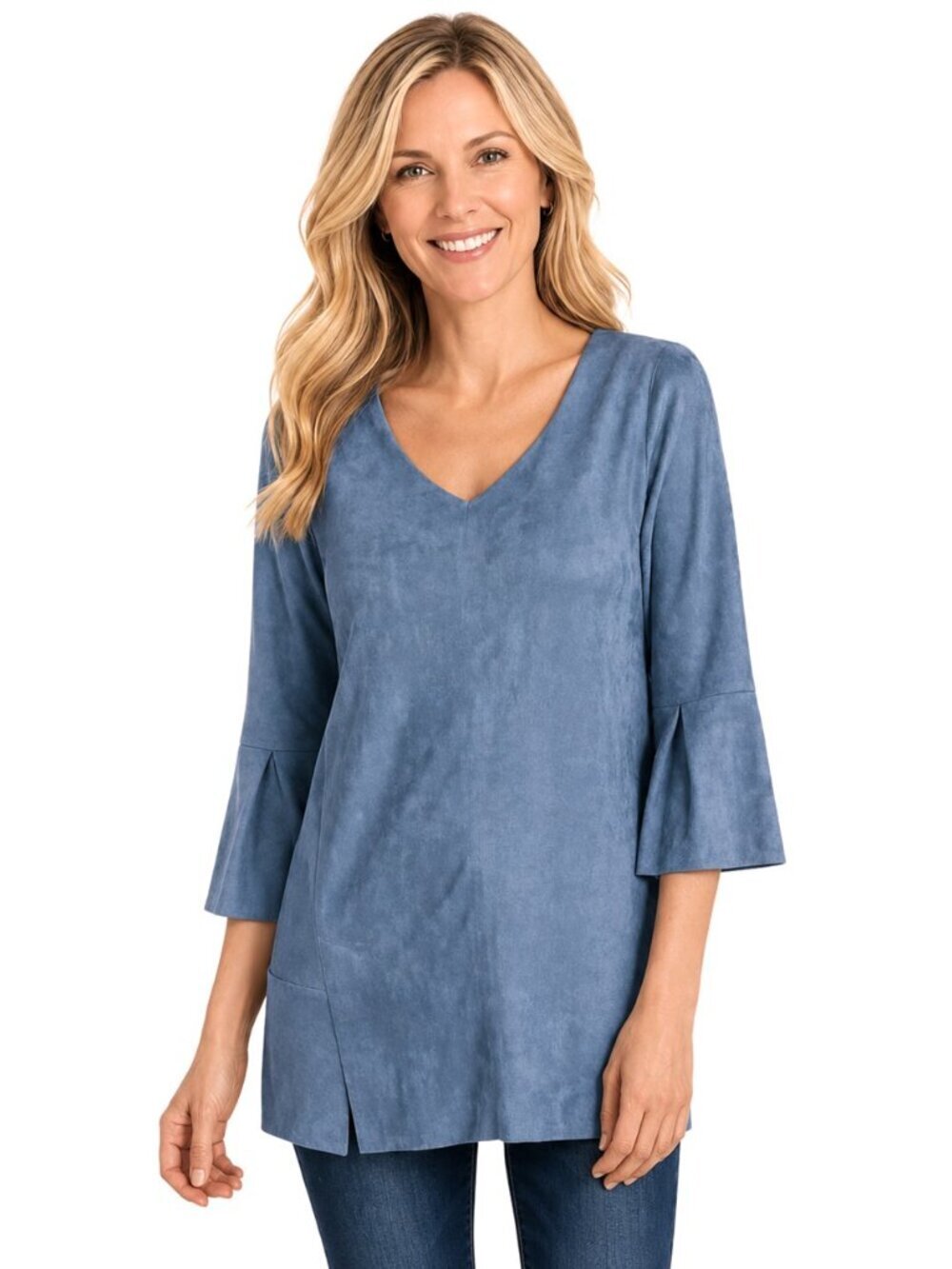 Soft Surroundings Izzy Blue Faux Suede V-Neck Tunic Top